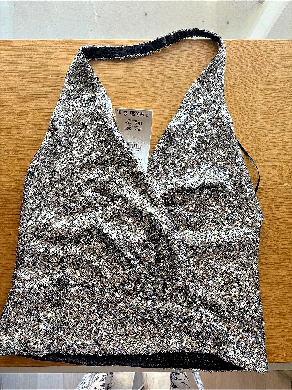 ZARA Sequin Halter Crop Top in Sparkling Silver Size Medium New with tags